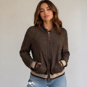 Woman’s or unisex Brown Full-Zip Sweater with Cream Trim